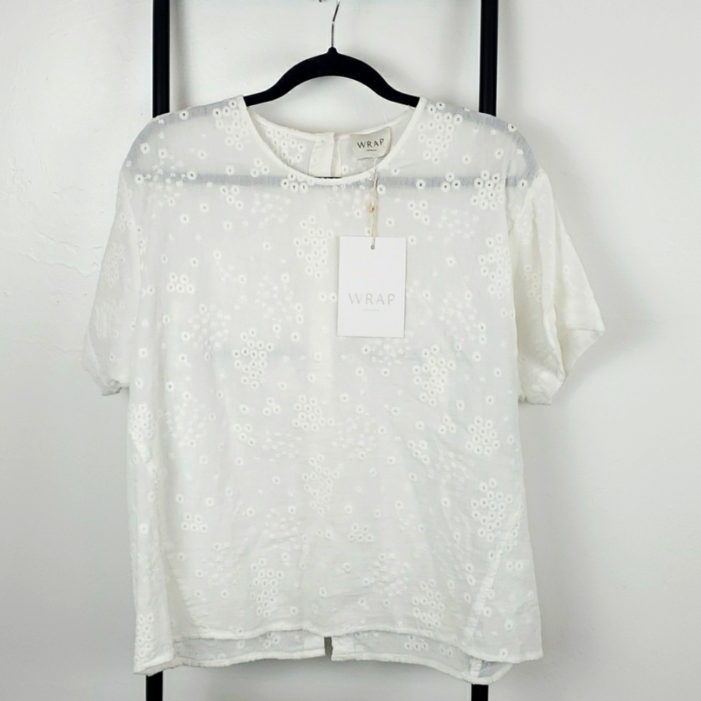 Wrap London cream embroidered blouse top cotton buttons back size 8